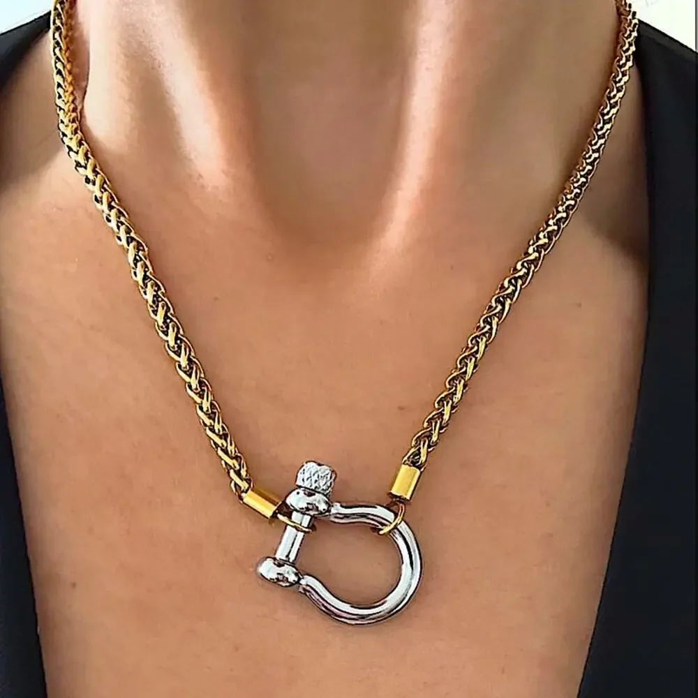 Horseshoe Gold Silver Statement Choker Necklace, Horse D Ring